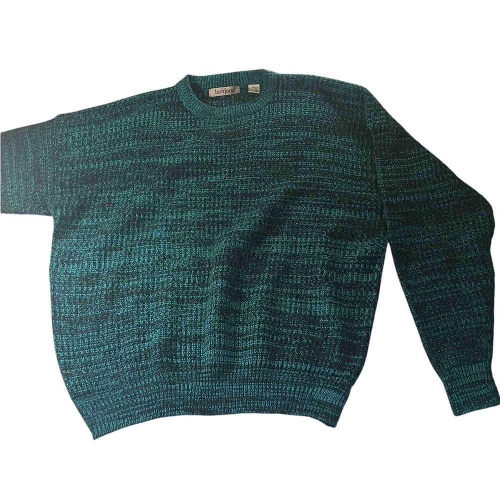 Bonjour Marled Knit Sweater Mens 2X Big & Tall Teal Black Grunge Retro Normcore‎